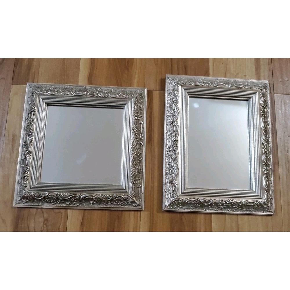 Pair Vintage Bombay Co Silver Accent Embossed Mirrors Hollywood Regency PHOTOS